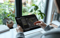 Frau schaut Dasboard auf Tablet an