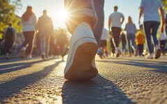 weißer Turnschuh der über eine Straße läuft