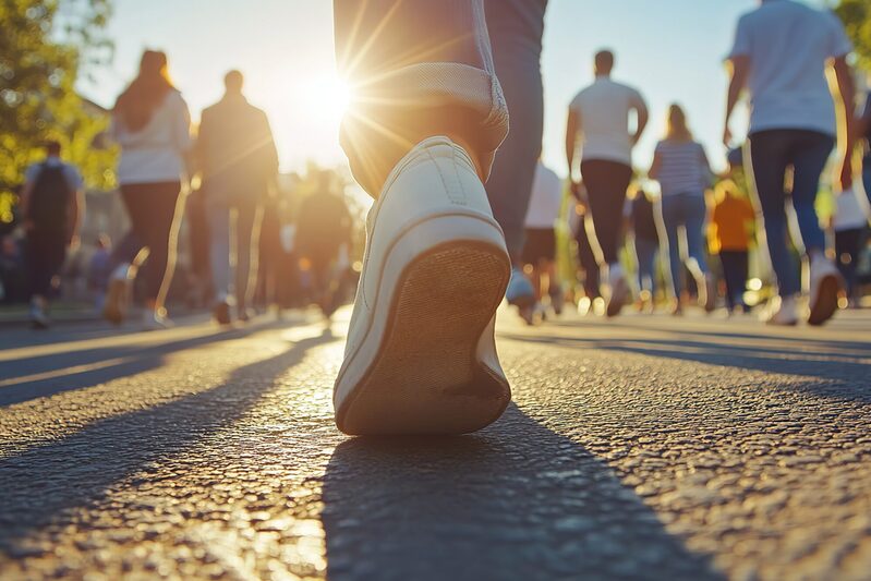 weißer Turnschuh der über eine Straße läuft