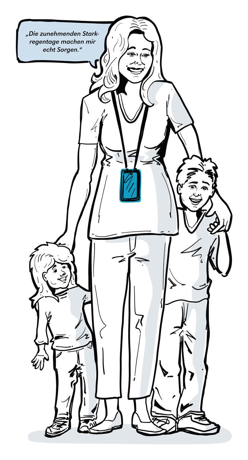 Illustration einer Frau mit Sprechblase und zwei Kindern