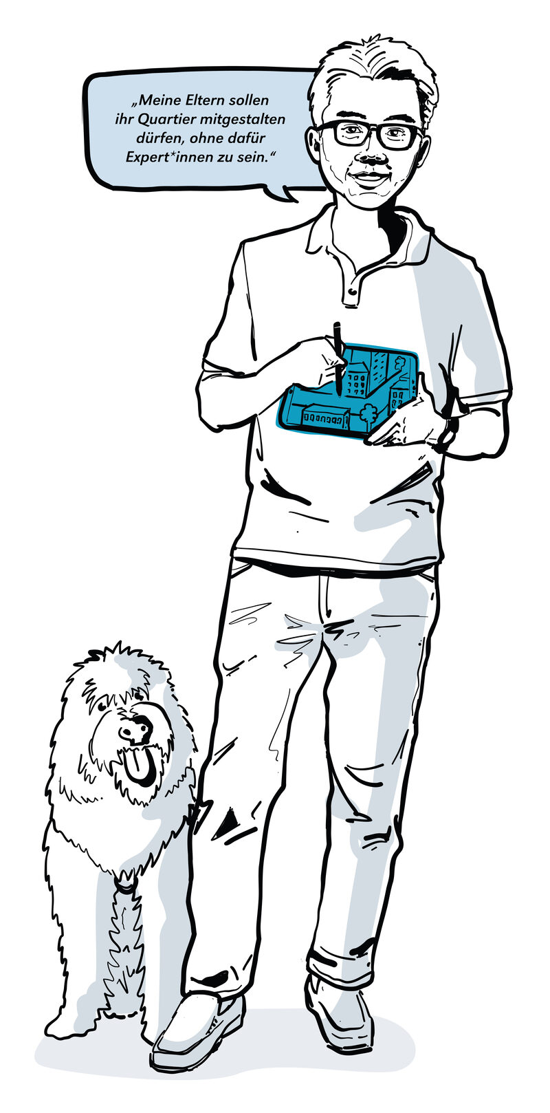 Illustration eines Mannes mit Hund und Sprechblase