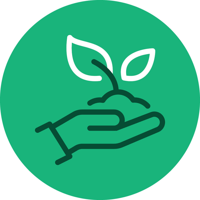 Icon mit grüner Hand und Blatt vor grünem Hintergrund als Symbol für Umweltschutz