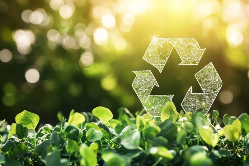 Sustainable economy practices, focusing on eco-friendly industries, clean energy, and circular economy icons in a green setting