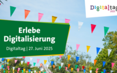 Foto Himmel mit Wimpelkette und Schriftzug Erlebe Digitalisierung