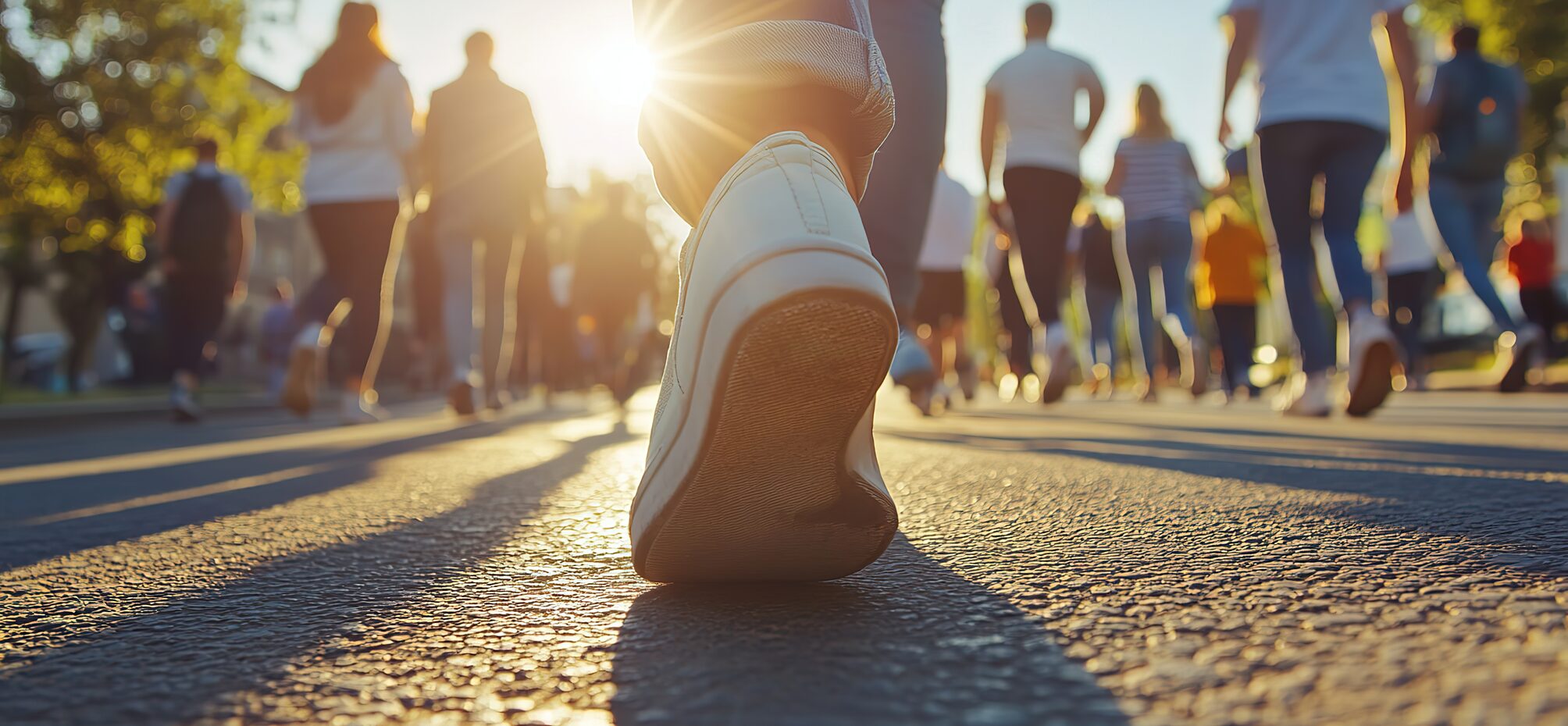 Closeup, shoes and group in street, walking and sunshine with lens flare, cooperation and protest